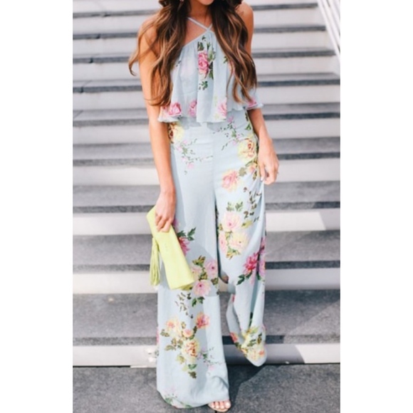 Pants - Light Blue Floral Print Backless Spaghetti Strap B